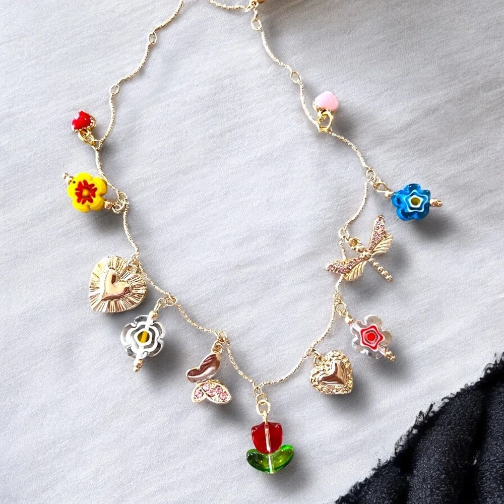 Gold and Red toned Charm Necklace glass rhinestones enamel tulip flower hearts